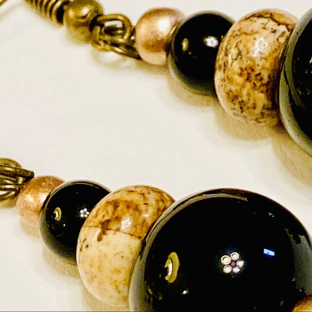 Unique BLACK AGATE Stone w/ Tan Picture Jasper Necklace & Matching Earrings Set - Picture 8 of 9